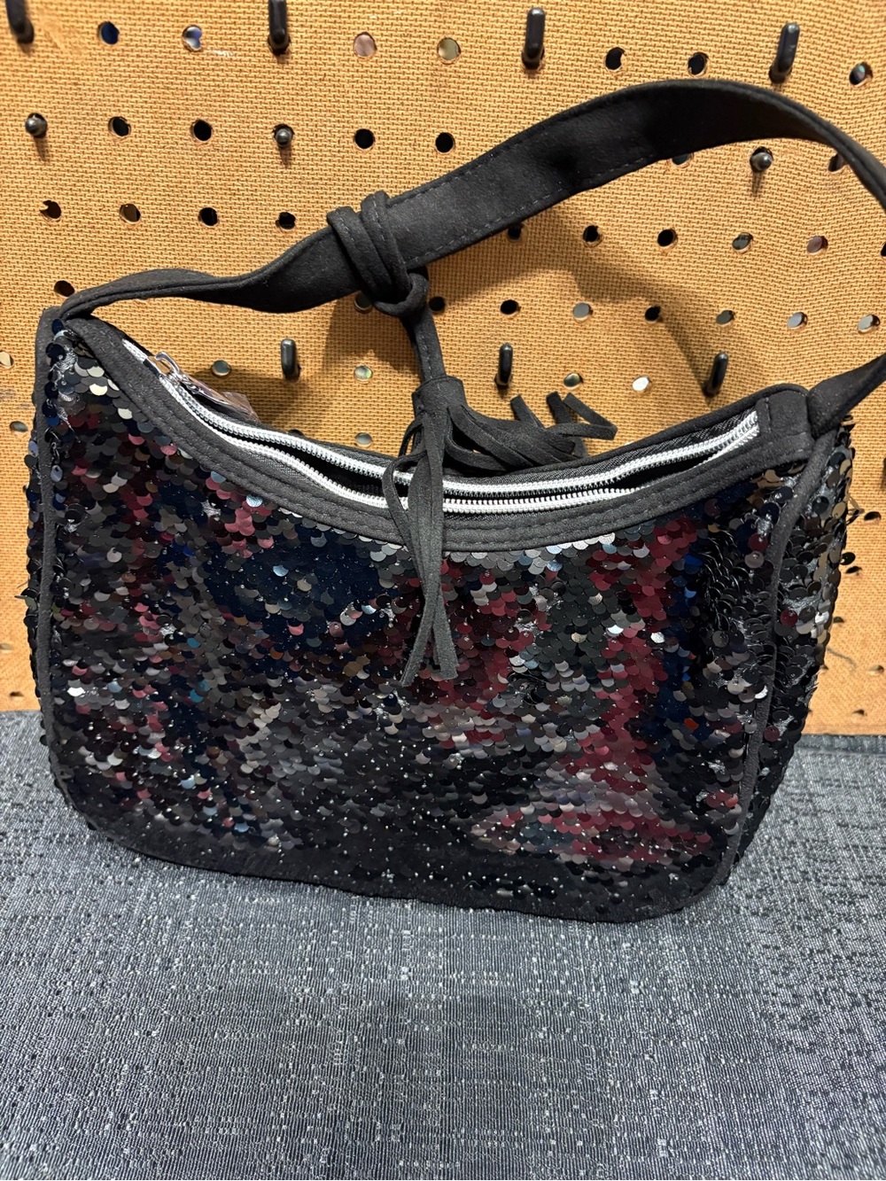Black Sequin Shoulder Bag with Suede Strap